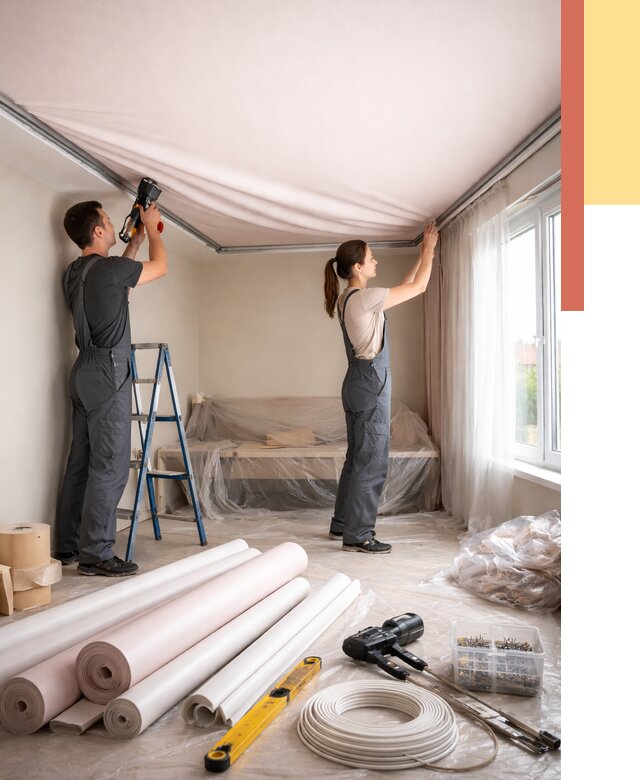 Монтаж цветного натяжного потолка в Ярославле от 4313 руб/м² — быстро и недорого | ОТДЕЛОЧНИК-Рсл