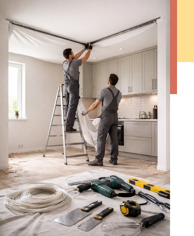 Установка натяжного потолка на кухне в Ярославле от 2464 руб. | ОТДЕЛОЧНИК-Рсл